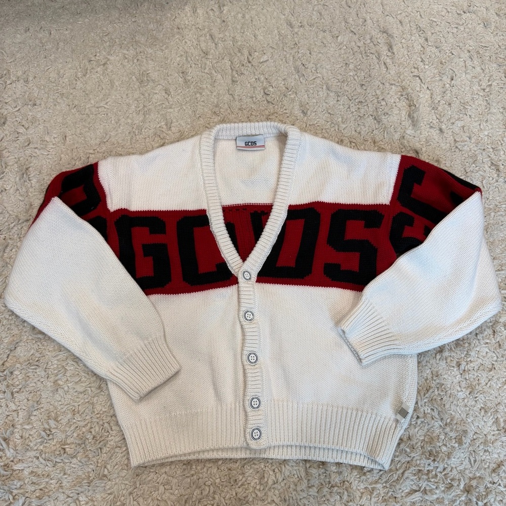 GCDS White & Red Logo Cardigan – Wool Blend
